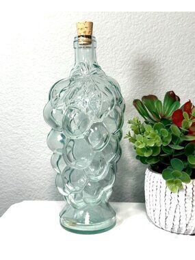 Spain Grape Cluster Shape Green Glass Bottle Vtg